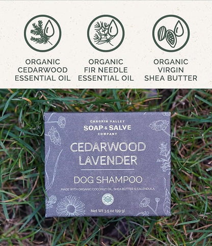 Certified Organic Dog Shampoo and Conditioner - Dog Shampoo Itchy Skin Relief and Puppy Essentials - Natural Handmade Cedarwood Lavender, 3.8 oz Bar Soap - Chagrin Valley Soap & Salve