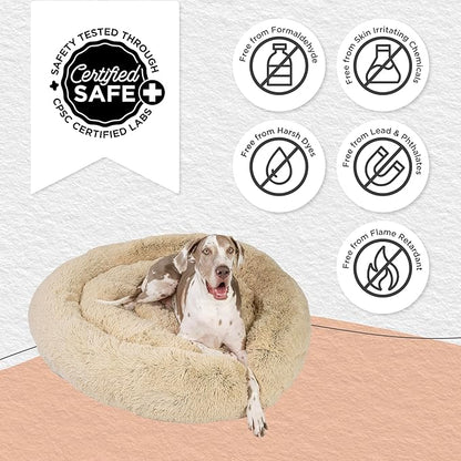 Best Friends by Sheri Original Calming Donut Dog and Cat Bed, Shag Faux Fur,Taupe, XXL (54in x 54in) - Anxiety Relief for Pets Up to 210 lbs