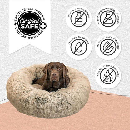 Best Friends by Sheri Original Calming Donut Dog and Cat Bed, Shag Faux Fur, Taupe, (36in x 36in) - Anxiety Relief for Pets Up to 100 lbs