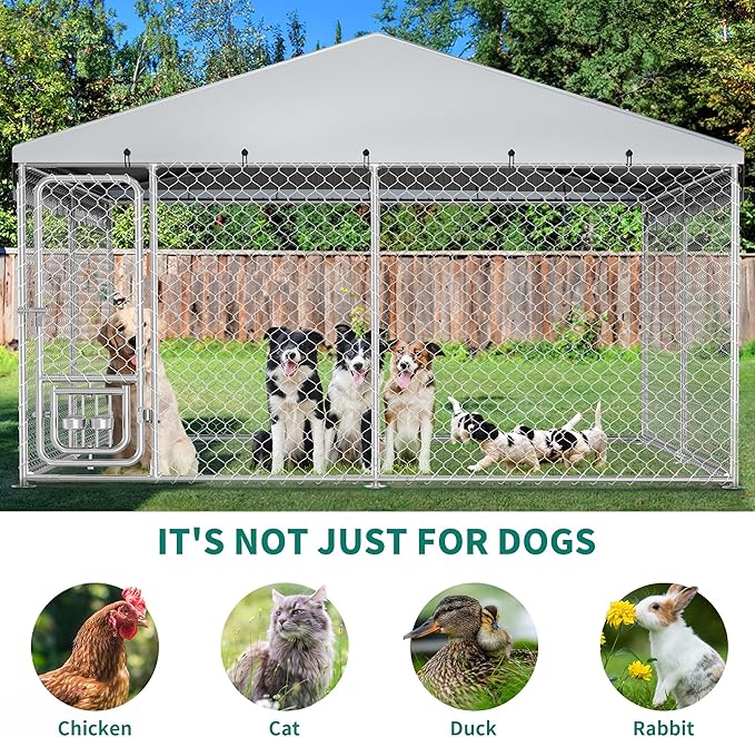 DWVO 10'x10' Large Outdoor Dog Kennel with Rotating Feeder Bowls, Outdoor Dog Pens with Roof, Heavy Duty Dog Cage for Large Dogs
