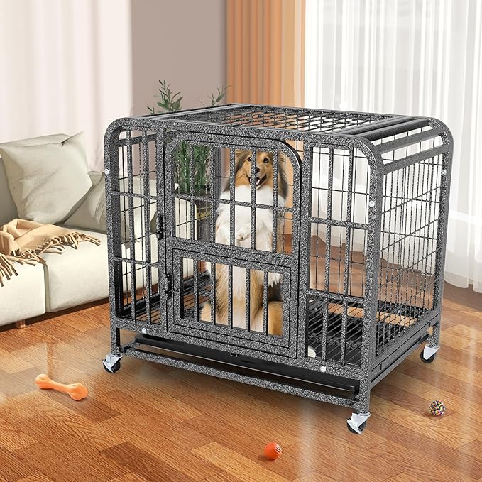 Dog Crates for Large Dogs 42 inch, Heavy Duty 10-Gauge Steel Dog Kennel Indoor Escape Proof, Wire Cage for High Anxiety or Arthritic Dogs Comfortable with Lockable Wheels, Bottom Tray Easy to Clean