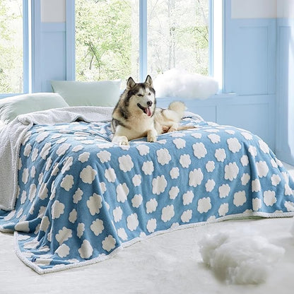 Lesure Waterproof Dog Blanket for Large Dogs - Washable Double Sided Dog Blankets with Warm Jacquard Shag and Soft Sherpa Fleece, Pet Cat Blanket for Queen Bed Protection, 3D Textured Cloud, Blue