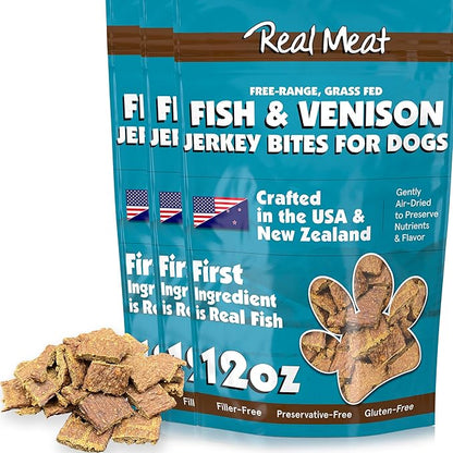 Real Meat Dog Treats - Three 12oz Bag of Bite-Sized Air-Dried Fish & Venison Jerky for Dogs - Grain-Free Jerky Dog Treats Made with 95% All-Natural, Human-Grade, Free-Range Venison & Ocean-Caught Fish