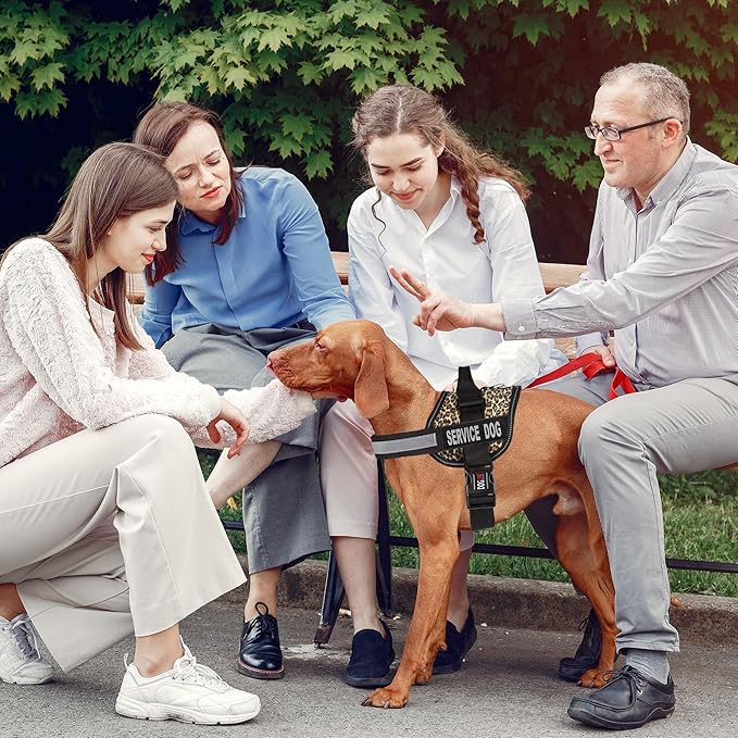 Dogline Unimax Dog Harness Vest with Service Dog Patches Reflective No-Pull, Adjustable Straps, Breathable Neoprene for Medical, Service, Identification and Training Dogs Girth 15 to 19" Leopard Brown