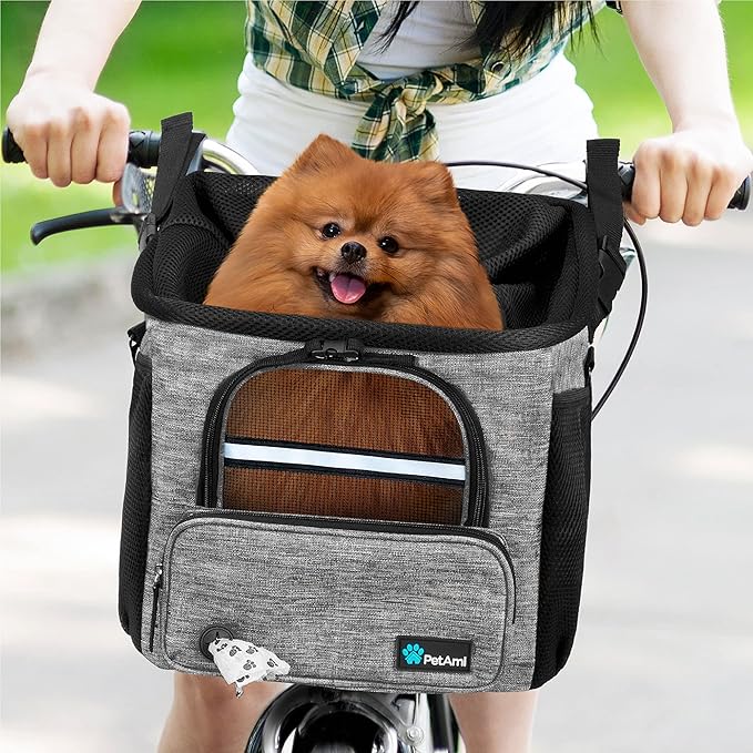 PetAmi Dog Bike Basket, Soft-Sided Ventilated Dog Bike Carrier Backpack, Dog Pet Bicycle Basket for Bike Handlebar, Small Medium Puppy Cat Kitten Car Booster Seat with Safety Strap