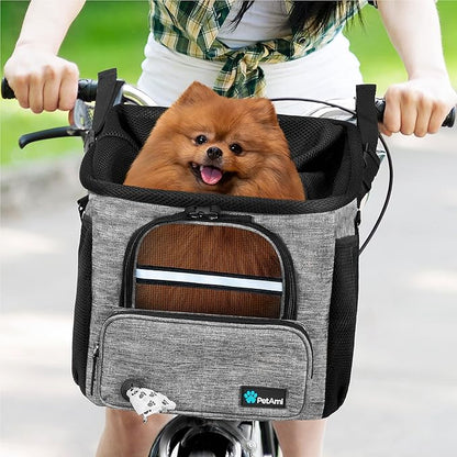 PetAmi Dog Bike Basket, Soft-Sided Ventilated Dog Bike Carrier Backpack, Dog Pet Bicycle Basket for Bike Handlebar, Small Medium Puppy Cat Kitten Car Booster Seat with Safety Strap