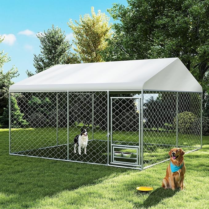 Rovibek 10x10 Ft Outdoor Dog Kennel, Outside Dog Kennel with Roof, Dog Kennels Outdoor with 2 Steel Dog Bowls, Outside Kennel for Large Dogs