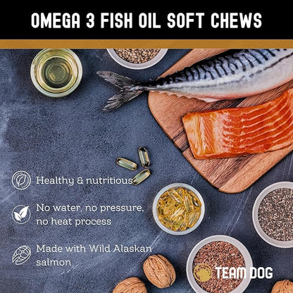 TEAM DOG Omega Skin and Coat Chews for Dogs | Wild Alaskan Salmon Oil for Dogs Skin and Coat Supplement | Allergy & Itchy Skin Relief for Dog Shedding | for a Glowing Coat & Healthy Skin | 120 Count