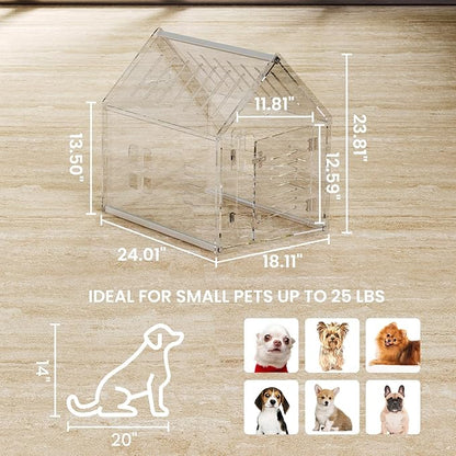 Sumerflos Acrylic Dog House, 24" L x 18" W x 23" H Clear Dog Crate, Modern Indoor Dog Kennel Lockable Ventilated for Most Small Dog Cat Pet