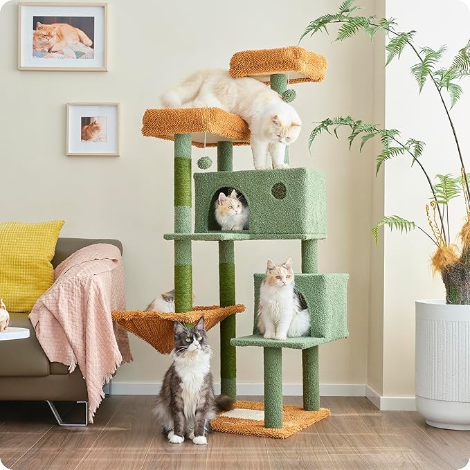 Ouritsu Cat Tree, 57 inch Cat Tower for Large Cat Indoor, 2 Top Perches with 1 Widened, 2 Condos with 1 Enlarged, Steel Frame Hammock, Scratching Posts and Scratching Pad, Green, LF003GB