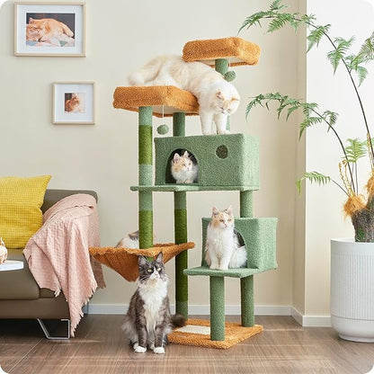 Ouritsu Cat Tree, 57 inch Cat Tower for Large Cat Indoor, 2 Top Perches with 1 Widened, 2 Condos with 1 Enlarged, Steel Frame Hammock, Scratching Posts and Scratching Pad, Green, LF003GB
