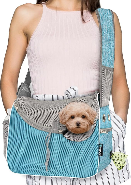 PetAmi Small Dog Sling Carrier, Soft-Sided Crossbody Puppy Carrying Purse Bag, Adjustable Sling Pet Pouch to Wear Medium Dog Cat Travel, Dog Bag for Traveling, Breathable, Poop Bag Dispenser, Blue