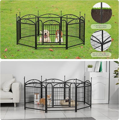 24" H Dog Crate Dog Playpen 8 Panels Furniture Heavy Duty Dog Fence Door with Side Openings,for Large Medium Small Dogs Indoor Outdoor Foldable Pet Exercise Pen,Black