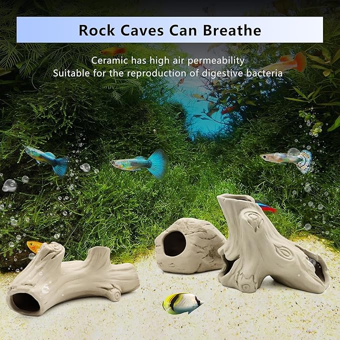 Aquarium Decorations Ceramic Artificial Stump Cave,Betta Fish Tank Accessories Hollow Tree Stump Decor 2-Piece Set