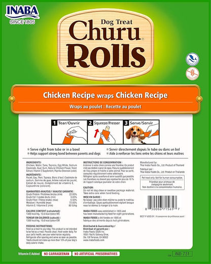 INABA Churu Rolls for Dogs, Soft & Chewy Baked Chicken Wrapped Filled Dog Treats with Vitamin E, 0.42 Ounces Each Stick, 64 Sticks (8 per Pack), Chicken Recipe