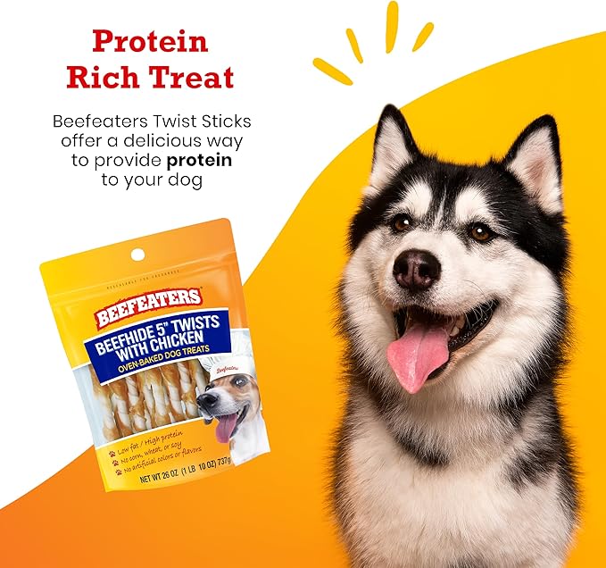 Beefeaters Dog Treats - Beefh 5in Twist with Chicken 26oz | Dog Food High Protein, Low Fat, Enriched with Vitamins & Minerals | Promotes Clean Teeth | Dog Training Treats for All Dog Sizes