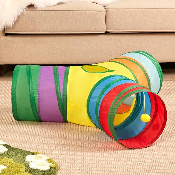 Tempcore Pet Cat Tunnel Tube Cat Toys 3 Way Collapsible, Cat Tunnels for Indoor Cats，Kitty Tunnel Bored Cat Pet Toys Peek Hole Toy Ball Cat, Puppy, Kitty, Kitten, Rabbit Rainbow