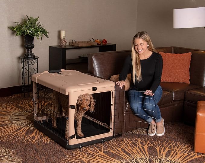 Pet Gear _he Other Door 4 Door Steel Crate for Dogs/Cats with Garage-Style Door, Includes Plush Bed + Travel Bag, No Tools Required, Beige