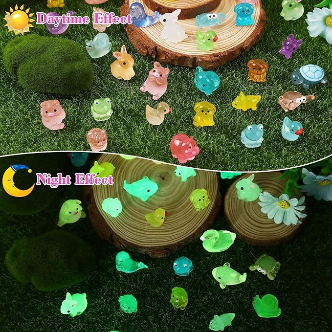 56 Pcs Luminous Mini Resin Animals,Glow in The Dark Tiny Resin Animals Variety Pack Small Farm Ocean Figures to HideGarden Fairy Accessories Party Decorations Favors