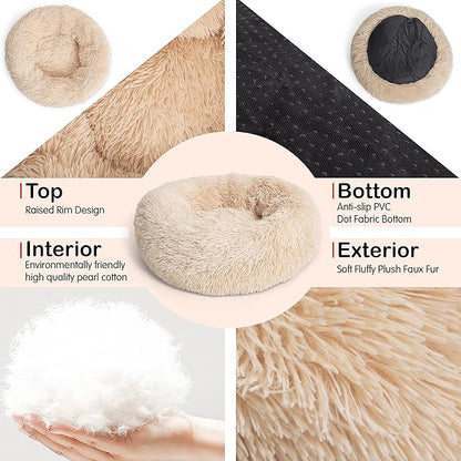 Small Dog Bed Calming Dogs Bed for Small Medium Large Dogs Anti-Anxiety Puppy Bed Machine Washable Warming Cozy Soft Pet Round Bed Fits up to 10-100 lbs (Medium (Pack of 1), Beige)