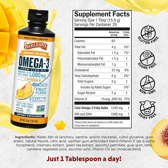 Barlean's Mango Peach Omega 3 Fish Oil Liquid Supplement with Vitamin D, 1080mg EPA & DHA Fatty Acid, Smoothie Flavored & Burpless for Brain, Joint, & Heart Health, 16 oz