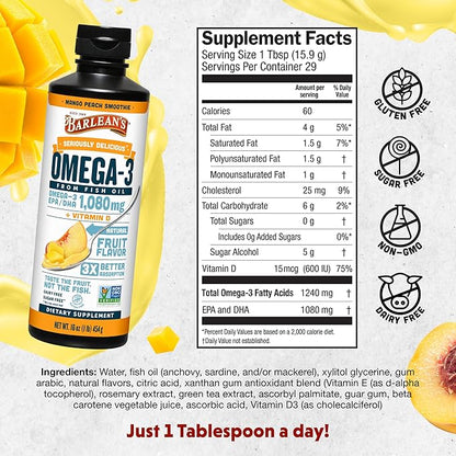 Barlean's Mango Peach Omega 3 Fish Oil Liquid Supplement with Vitamin D, 1080mg EPA & DHA Fatty Acid, Smoothie Flavored & Burpless for Brain, Joint, & Heart Health, 16 oz