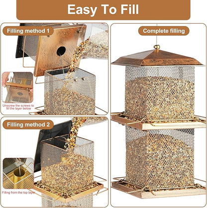 Large Bird Feeder, Double Tier Metal Bird Feeders for Outdoors, Square Tower Birdfeeder for Decorating Courtyard, Garden, Birds Watching, Gifts