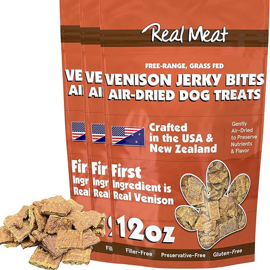 Real Meat Dog Treats - Three 12oz Bag of Bite-Sized Air-Dried Venison Jerky for Dogs - Grain-Free Jerky Dog Treats Made up of 95% Human-Grade, Free-Range, Grass Fed Venison - All-Natural Dog Treats