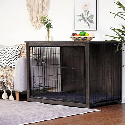DWANTON Dog Crate Furniture with Cushion, Wooden Kennel Table with Double Doors, Indoor Dog House, Extra Large Size, 43.3" L, Dark Gray