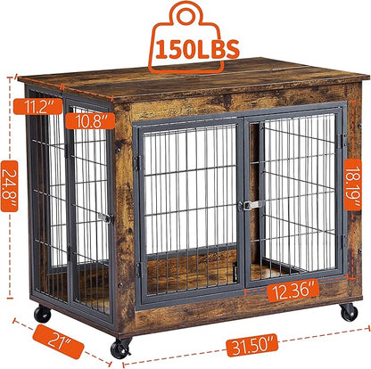 NicBex Dog Crate Furniture Dog Cage with 3 Doors and Lift Top, Dog Kennels for Inside Space, Wooden Dog Crate on Wheels with Durable Frame for Multiple Dogs, Rustic Brown