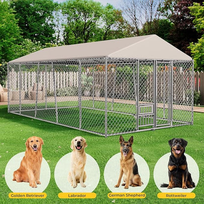 10 x 20FT Large Outdoor Dog Kennel with Bowls, Dog Kennel Outside with Waterproof Cover Roof, Galvanized Heavy Duty Chain Link Dog Runs Cage Playpen for Outside with Secure Lock
