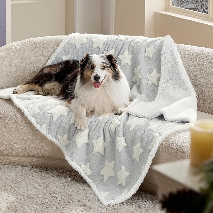 Lesure Waterproof Dog Blanket for Large Dogs - Washable Double Sided Dog Blankets with Warm Jacquard Shag and Soft Sherpa Fleece, Pet Cat Blanket for Bed Couch Protection, 3D Textured Star, Grey