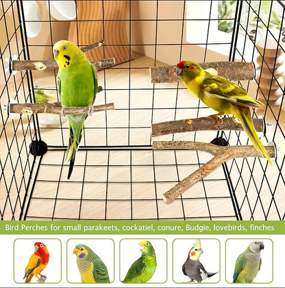 Natural Wood Bird Perches for Cage, Parrot Perch Stand & Platform, Bird Cage Accessories for Parakeets, Cockatiels, Conures, Lovebirds (Brown, Essential Perch Bundle - 5PCS)