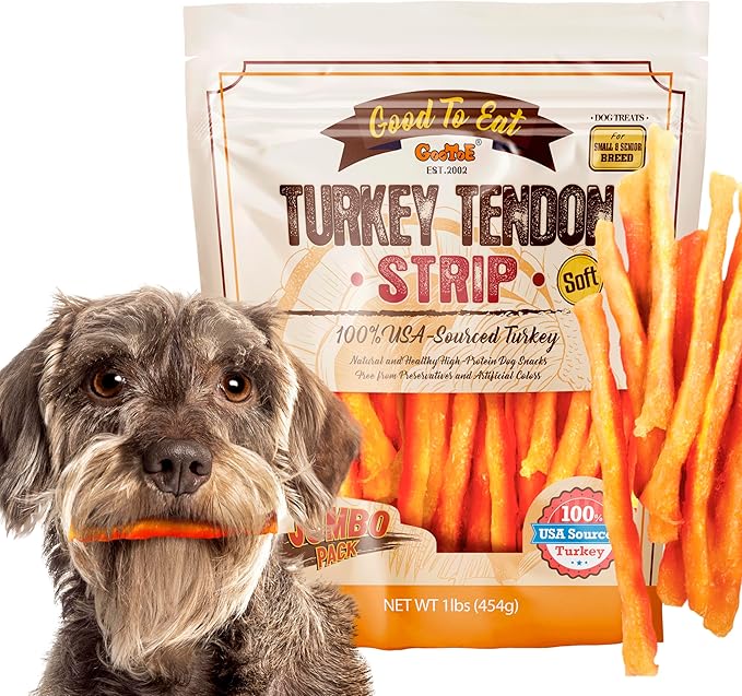 Gootoe Soft Turkey Tendon Dog Treat_atural Chewy Snack, 100% USA-Sourced, Premium Training Chew, Hypoallergenic, Reseal Value Bag, Ideal for Small& Senior Dog, Soft Strip Jumbo Pack, 1 lb (Pack of 1)