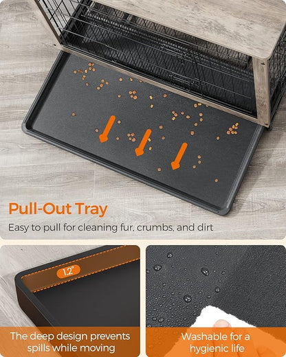 Feandrea Dog Crate Furniture, 44.1" Side End Table, Modern Kennel for Dogs Indoor up to 80 lb, Heavy-Duty Dog Cage with Multi-Purpose Removable Tray, Double-Door Dog House, Greige UPFC004G01