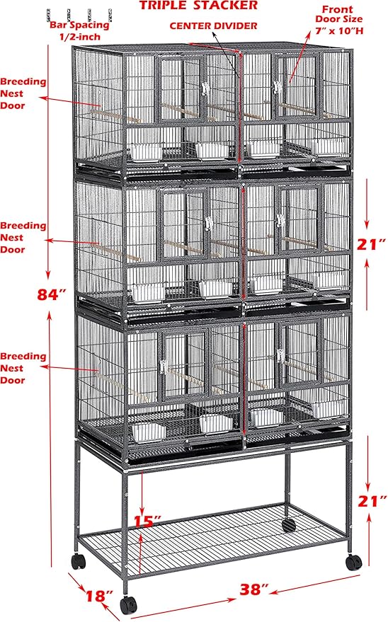 Triple Stackable Center Divided Breeder Breeding Bird Flight Double Rolling Cage Side Nesting Doors Easy Clean Pull Out Tray for Aviaries Canaries Cockatiels Lovebirds Finches Budgies Small Parrots
