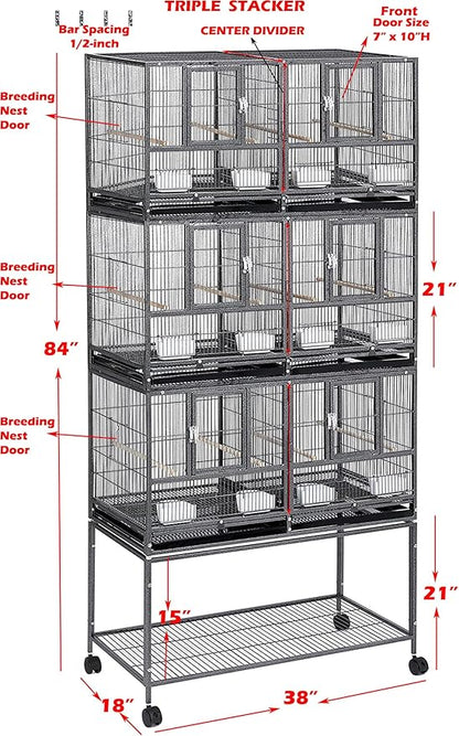 Combo Breeding Stacker Center Divided Breeder Bird Flight Double Rolling Cage with Side Breeding Nest Door (Black Vein, Triple Stack)