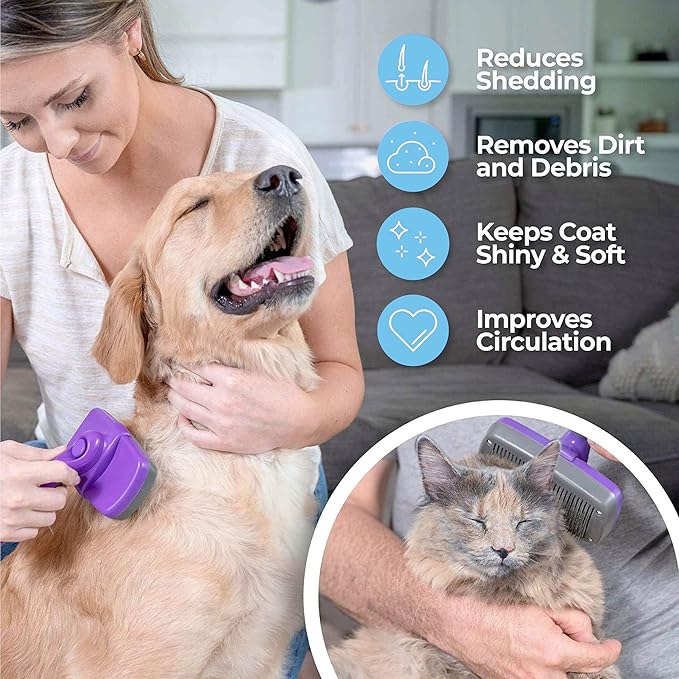 Pro-Grooming, Self-Cleaning Slicker Brush for Your Pets. BEST grooming and shedding brush for everyday use. Safe for sensitive skin and ergonamically designed. (BLUE)