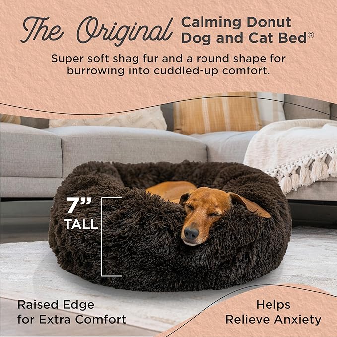 Best Friends by Sheri Original Calming Donut Dog and Cat Bed, Shag Faux Fur, Dark Brown, (23in x 23in) - Anxiety Relief for Pets Up to 25 lbs