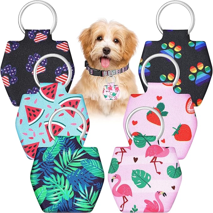 6 Pieces Dog Tag Holder Portable Pet ID Tag Soundless Dog Tag Silencer Bag Dog Tag Cover with Rings Quiet Dog Tag Bag Protector for Dogs Cats Pets (Summer Style)