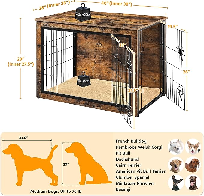 Yaheetech 40'' Dog Crate Furniture with Cushion Wooden Dog Crate with Double Doors/Adjustable Feet Side End Table for Small/Medium Dogs
