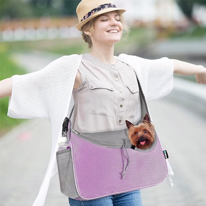 PetAmi Small Dog Sling Carrier, Soft-Sided Crossbody Puppy Carrying Purse Bag, Adjustable Sling Pet Pouch to Wear Medium Dog Cat Travel, Dog Bag for Traveling, Breathable, Poop Bag Dispenser, Purple