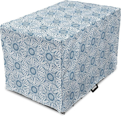 Ambesonne Blue and White Dog Crate Cover, Dutch Tile Design with Large Flowers and Detailed Petals Antique Ethnic, Easy to Use Pet Kennel Cover for Medium Large Dogs, 48 Inch, White Blue