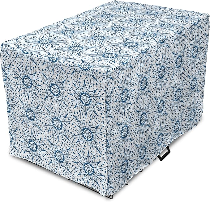 Ambesonne Blue and White Dog Crate Cover, Dutch Tile Design with Large Flowers and Detailed Petals Antique Ethnic, Easy to Use Pet Kennel Cover for Medium Large Dogs, 36 Inch, White Blue