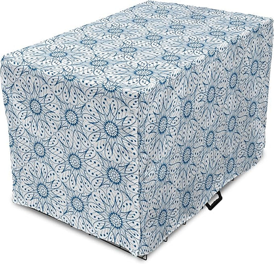Ambesonne Blue and White Dog Crate Cover, Dutch Tile Design with Large Flowers and Detailed Petals Antique Ethnic, Easy to Use Pet Kennel Cover for Medium Large Dogs, 36 Inch, White Blue