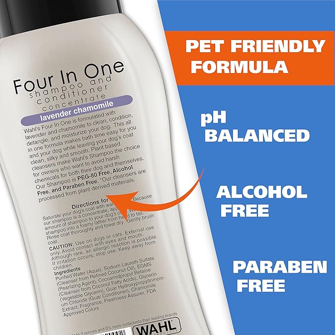 Wahl USA 4-in-1 Calming Pet Shampoo for Dogs  Cleans, Conditions, Detangles, & Moisturizes with Lavender Chamomile - Pet Friendly Formula - 24 Oz - Model 820000A
