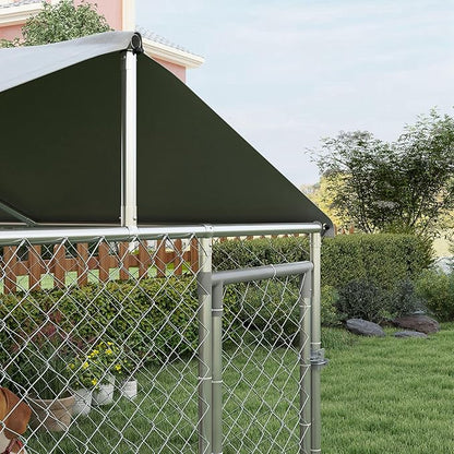 PawHut Large Dog Kennel Outside, Heavy Duty Dog Cage with Waterproof Cover, Outdoor Fence Dog Run with Galvanized Chain Link, Secure Lock, 6.6' x 6.6' x 4.9'