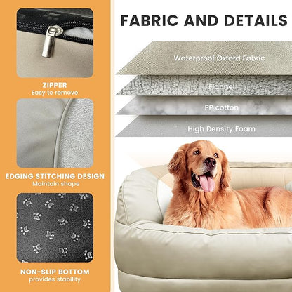 Calming Dog Bed for Large Medium Dogs, XXL 16" Depth High Sides Cuddler Large Dog Couch Bed Oval Anti Anxiety Dog Bed with Head Support - Supportive Foam and Soft Cotton, Beige