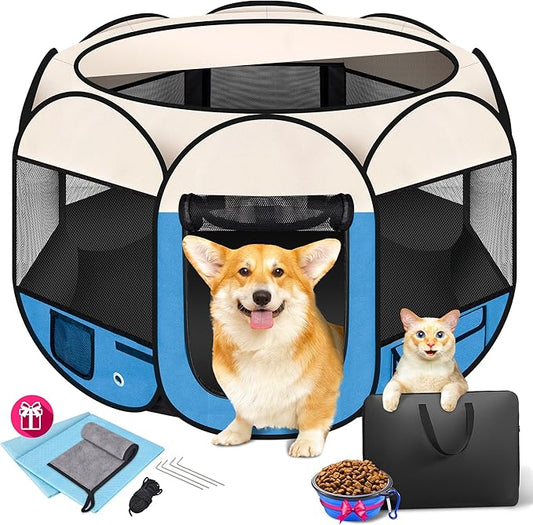 36" Foldable Pet Playpen for Medium/Small Dogs, HOMAGICO Pet Playpen for Indoor Cats Enclosed,Portable Dog Playpen Outdoor Tent Crate with Carrying Case,Water-Resistant and Removable Shade Cover, Blue