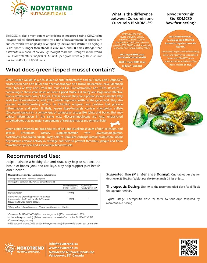 NovoCurcumin Pet+ BioBDMC30 Bone & Joint - Skin & Coat Formula - 90 Chewable Tablets